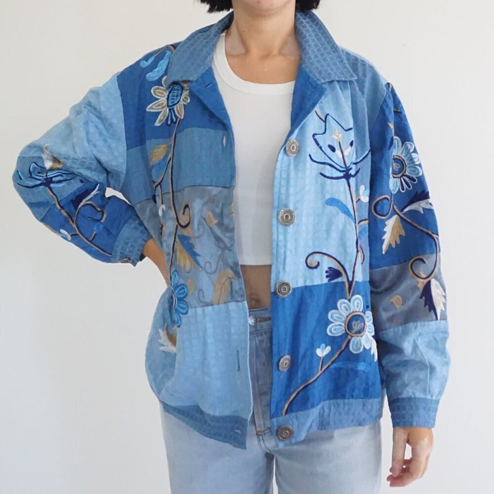 Vintage Indigo Moon Blue Patchwork Embroidered Floral Button Front Boho Jacket M